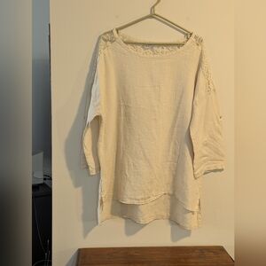 💕 ROSEMARINE linen And Lace top 1X. Pullover Tunic.Tan. 100% Linen .